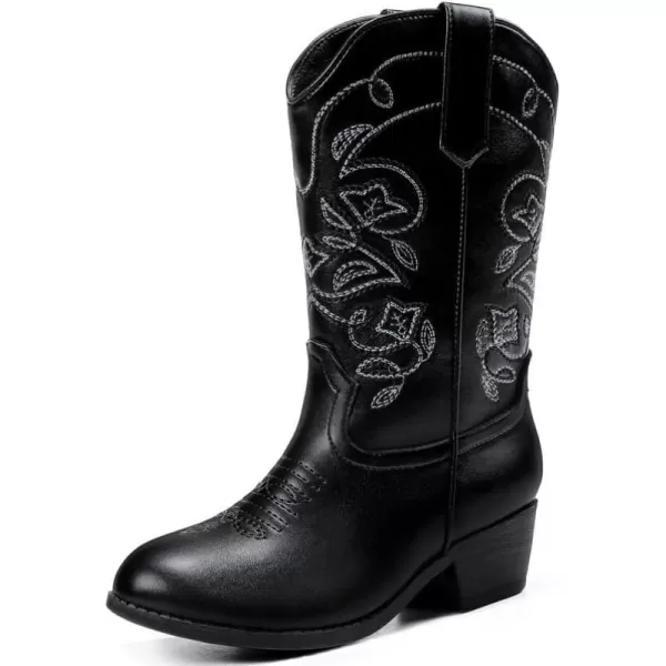 Girls Cowboy Boots Western Mid Calf Pointed Toe Kids Cowgirl Boots Embroidered Side Zipper Girls Horse Riding Boots Country Party for Toddler Little Big KidsBlack