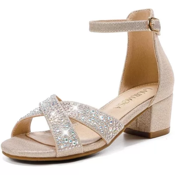 Girls Sandals Open Toe High Heels Fancy Dress Shoes Ankle Strap Chunky Block Heels Flower Girls Wedding Party Dressy Shoes for Toddler Little Big KidsGold Rhinestone
