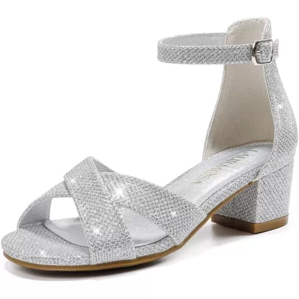 Girls Sandals Open Toe High Heels Fancy Dress Shoes Ankle Strap Chunky Block Heels Flower Girls Wedding Party Dressy Shoes for Toddler Little Big KidsSilver Glitter