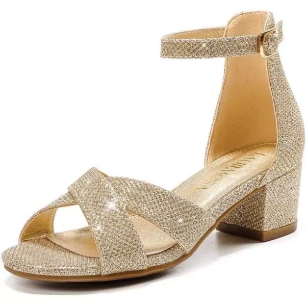 Girls Sandals Open Toe High Heels Fancy Dress Shoes Ankle Strap Chunky Block Heels Flower Girls Wedding Party Dressy Shoes for Toddler Little Big KidsGold Glitter
