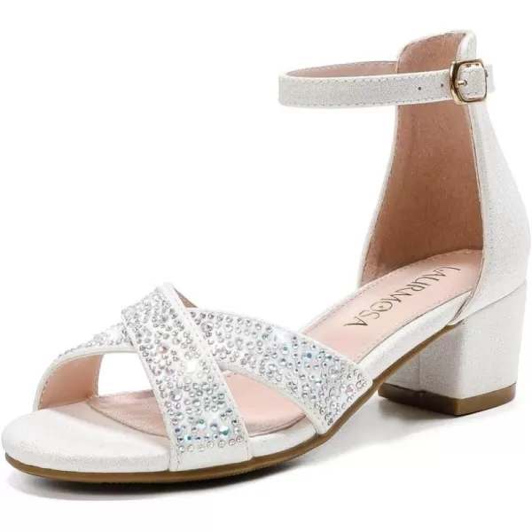 Girls Sandals Open Toe High Heels Fancy Dress Shoes Ankle Strap Chunky Block Heels Flower Girls Wedding Party Dressy Shoes for Toddler Little Big KidsWhite Rhinestone