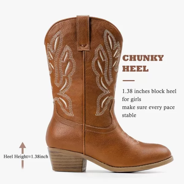 Cowgirl Boots for Little Girls Mid Calf Pointed Toe Kid Cowboy Boots Side Zipper Classic Embroidered Western Boots Horse Riding Party for Toddler Little Big KidsReddishbrown