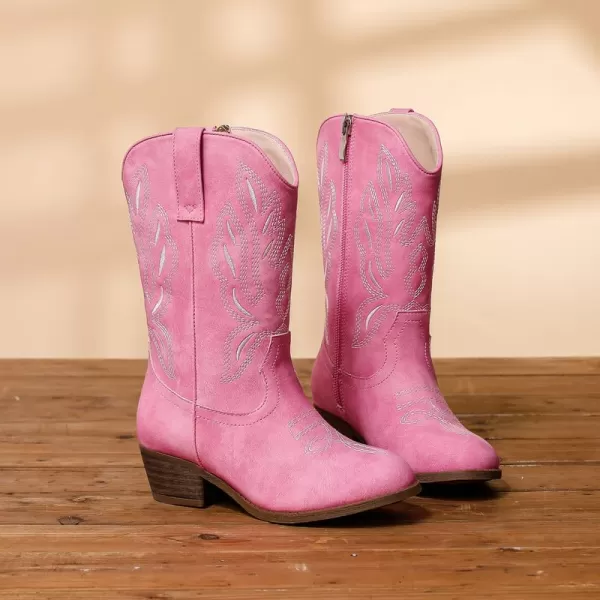 Cowgirl Boots for Little Girls Mid Calf Pointed Toe Kid Cowboy Boots Side Zipper Classic Embroidered Western Boots Horse Riding Party for Toddler Little Big KidsPink