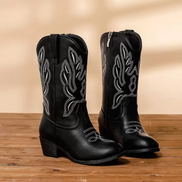 Cowgirl Boots for Little Girls Mid Calf Pointed Toe Kid Cowboy Boots Side Zipper Classic Embroidered Western Boots Horse Riding Party for Toddler Little Big KidsBlack