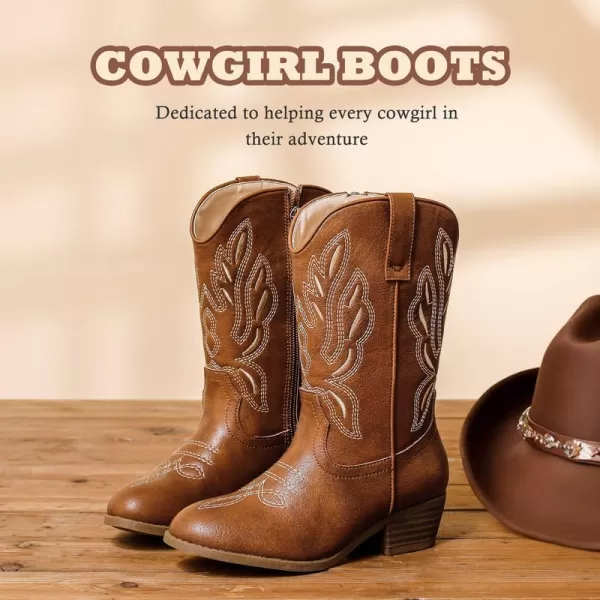 Cowgirl Boots for Little Girls Mid Calf Pointed Toe Kid Cowboy Boots Side Zipper Classic Embroidered Western Boots Horse Riding Party for Toddler Little Big KidsReddishbrown