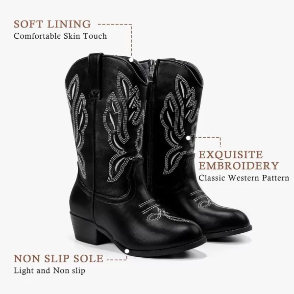 Cowgirl Boots for Little Girls Mid Calf Pointed Toe Kid Cowboy Boots Side Zipper Classic Embroidered Western Boots Horse Riding Party for Toddler Little Big KidsBlack