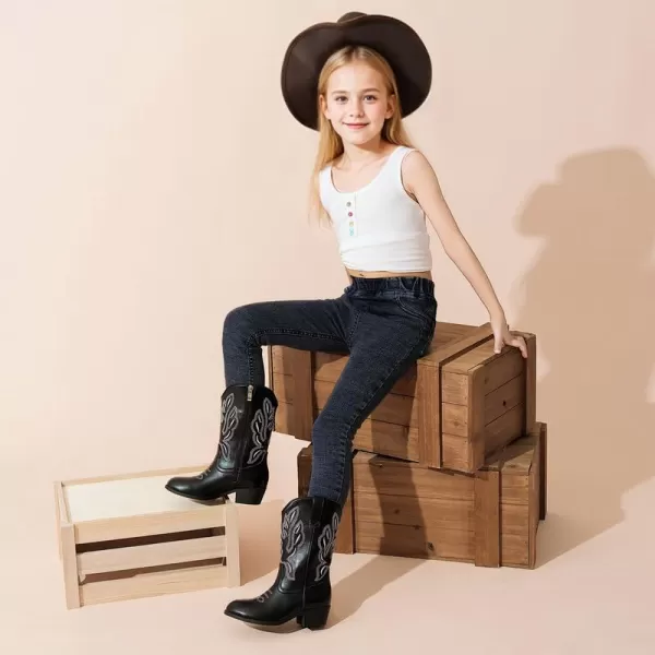 Cowgirl Boots for Little Girls Mid Calf Pointed Toe Kid Cowboy Boots Side Zipper Classic Embroidered Western Boots Horse Riding Party for Toddler Little Big KidsBlack