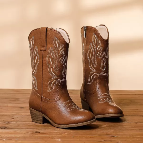 Cowgirl Boots for Little Girls Mid Calf Pointed Toe Kid Cowboy Boots Side Zipper Classic Embroidered Western Boots Horse Riding Party for Toddler Little Big KidsReddishbrown