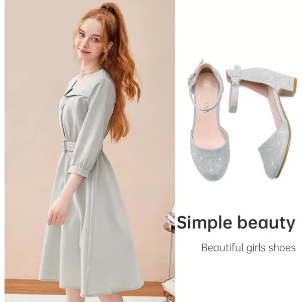 Girls Dress Shoes Closed Toe Chunky High Heels Ankle Strap Wedding Party Pump ShoesLovely Shimmer Silver