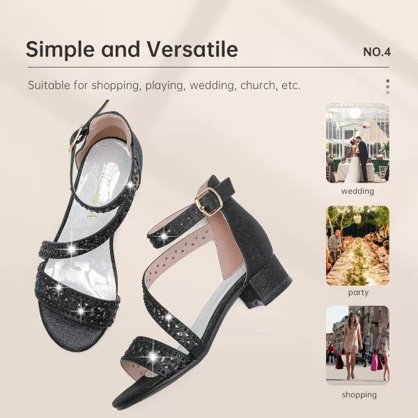 Girls Sandals Kids Heels Open Toe Ankle Strap Dress Shoes Flower Wedding Party for Toddler Little Big KidBlissful Rhinestone Black
