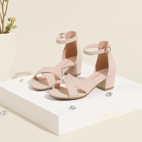 Girls Sandals Open Toe High Heels Fancy Dress Shoes Ankle Strap Chunky Block Heels Flower Girls Wedding Party Dressy Shoes for Toddler Little Big KidsNude Nubuck
