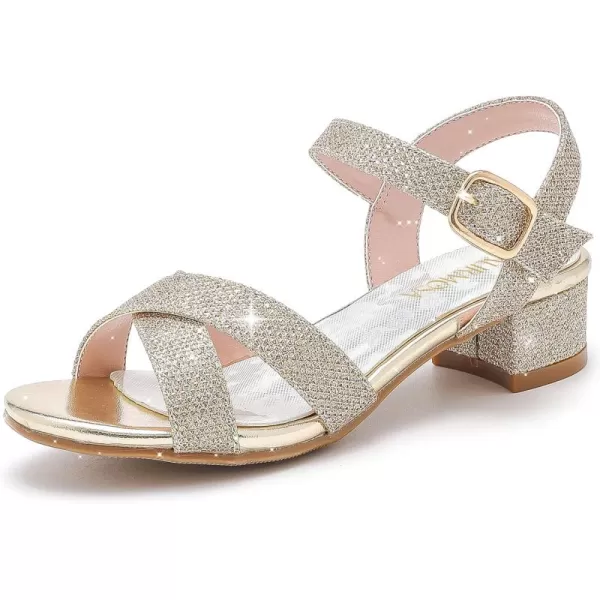 Girls Sandals Kids Heels Open Toe Ankle Strap Dress Shoes Flower Wedding Party for Toddler Little Big KidCross Glitter Gold