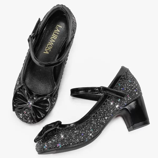 Princess Shoes High Heel Toddler Girls Dress Shoes Cute Bowknot Sparkle Mary Jane Flower Girls Wedding Birthday Party Prom for Little Big KidsBlack Sequins