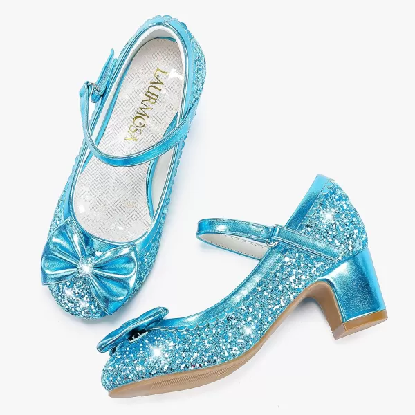 Princess Shoes High Heel Toddler Girls Dress Shoes Cute Bowknot Sparkle Mary Jane Flower Girls Wedding Birthday Party Prom for Little Big KidsBlue Sequins