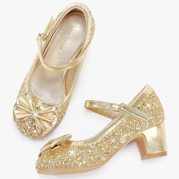 Princess Shoes High Heel Toddler Girls Dress Shoes Cute Bowknot Sparkle Mary Jane Flower Girls Wedding Birthday Party Prom for Little Big KidsGold Sequins