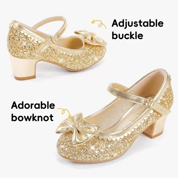 Princess Shoes High Heel Toddler Girls Dress Shoes Cute Bowknot Sparkle Mary Jane Flower Girls Wedding Birthday Party Prom for Little Big KidsGold Sequins