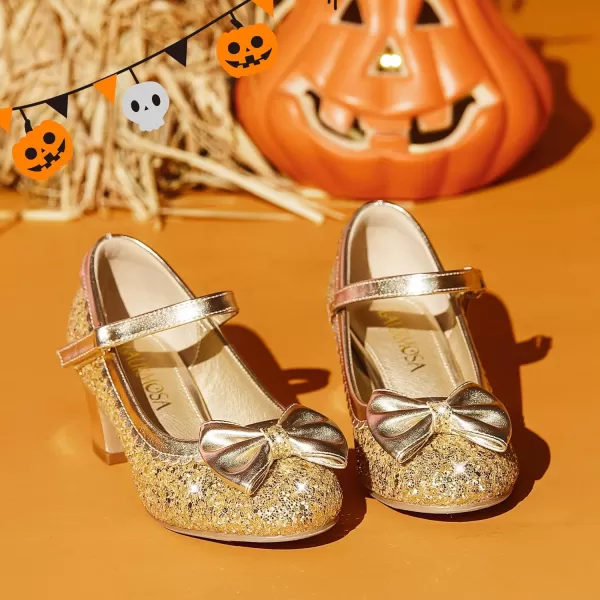 Princess Shoes High Heel Toddler Girls Dress Shoes Cute Bowknot Sparkle Mary Jane Flower Girls Wedding Birthday Party Prom for Little Big KidsGold Sequins