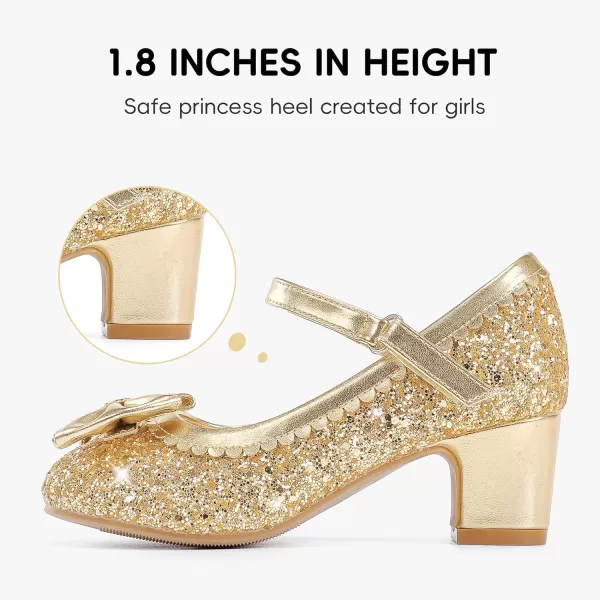 Princess Shoes High Heel Toddler Girls Dress Shoes Cute Bowknot Sparkle Mary Jane Flower Girls Wedding Birthday Party Prom for Little Big KidsGold Sequins