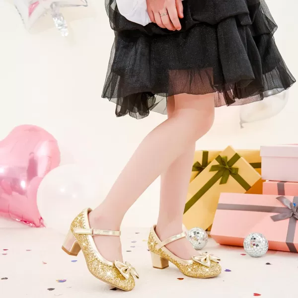 Princess Shoes High Heel Toddler Girls Dress Shoes Cute Bowknot Sparkle Mary Jane Flower Girls Wedding Birthday Party Prom for Little Big KidsGold Sequins
