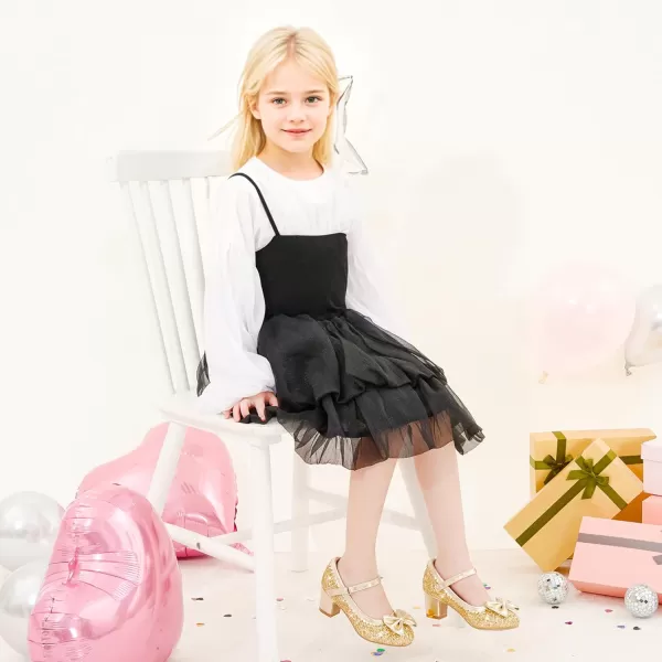 Princess Shoes High Heel Toddler Girls Dress Shoes Cute Bowknot Sparkle Mary Jane Flower Girls Wedding Birthday Party Prom for Little Big KidsGold Sequins
