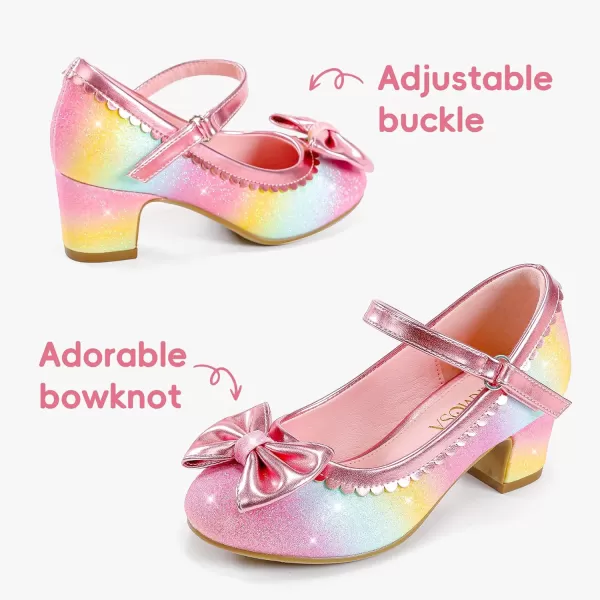 Princess Shoes High Heel Toddler Girls Dress Shoes Cute Bowknot Sparkle Mary Jane Flower Girls Wedding Birthday Party Prom for Little Big KidsRainbow Shimmer