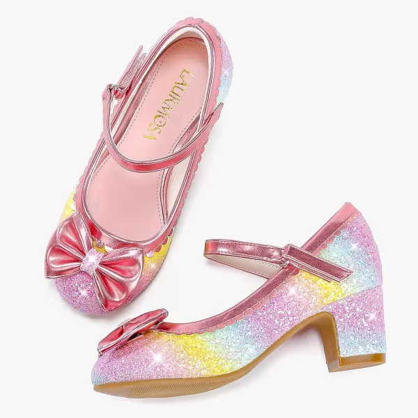 Princess Shoes High Heel Toddler Girls Dress Shoes Cute Bowknot Sparkle Mary Jane Flower Girls Wedding Birthday Party Prom for Little Big KidsRainbow Sequins