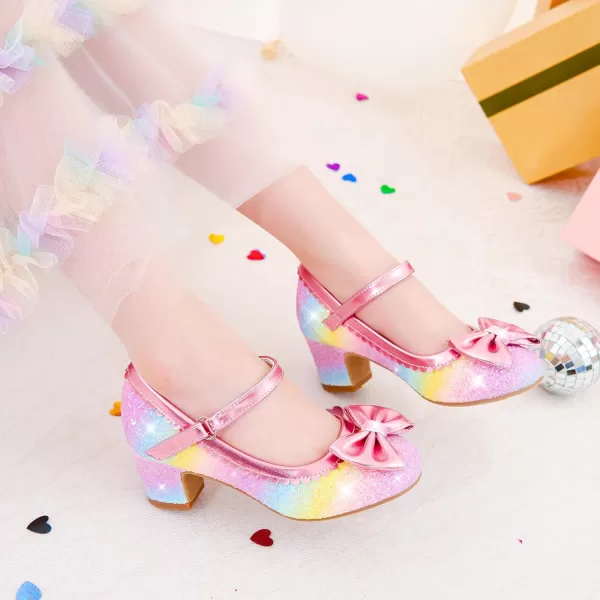 Princess Shoes High Heel Toddler Girls Dress Shoes Cute Bowknot Sparkle Mary Jane Flower Girls Wedding Birthday Party Prom for Little Big KidsRainbow Sequins