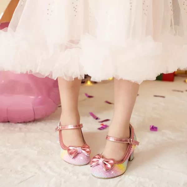 Princess Shoes High Heel Toddler Girls Dress Shoes Cute Bowknot Sparkle Mary Jane Flower Girls Wedding Birthday Party Prom for Little Big KidsRainbow Sequins