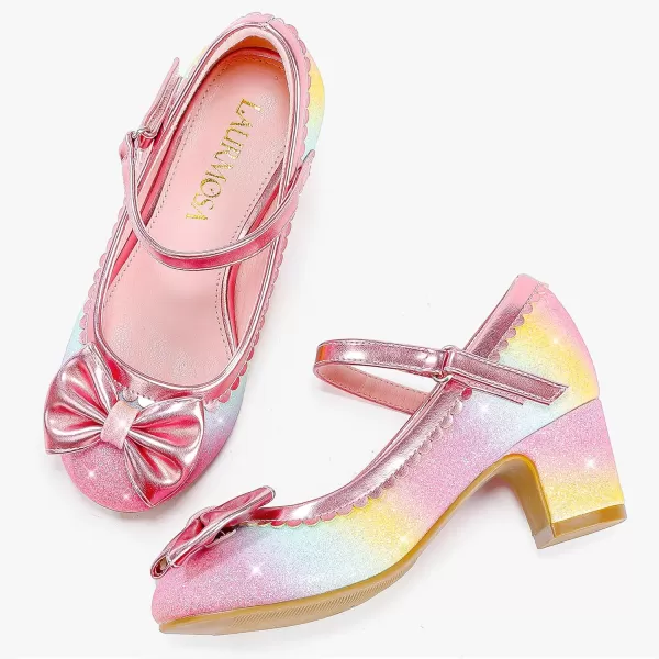 Princess Shoes High Heel Toddler Girls Dress Shoes Cute Bowknot Sparkle Mary Jane Flower Girls Wedding Birthday Party Prom for Little Big KidsRainbow Shimmer