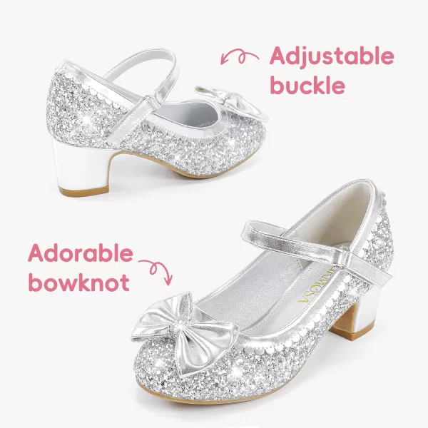 Princess Shoes High Heel Toddler Girls Dress Shoes Cute Bowknot Sparkle Mary Jane Flower Girls Wedding Birthday Party Prom for Little Big KidsSilver Sequins