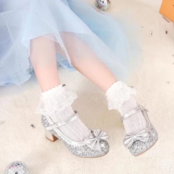 Princess Shoes High Heel Toddler Girls Dress Shoes Cute Bowknot Sparkle Mary Jane Flower Girls Wedding Birthday Party Prom for Little Big KidsSilver Sequins