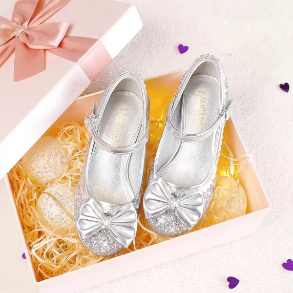 Princess Shoes High Heel Toddler Girls Dress Shoes Cute Bowknot Sparkle Mary Jane Flower Girls Wedding Birthday Party Prom for Little Big KidsSilver Sequins