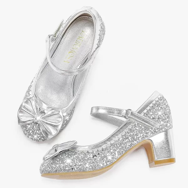 Princess Shoes High Heel Toddler Girls Dress Shoes Cute Bowknot Sparkle Mary Jane Flower Girls Wedding Birthday Party Prom for Little Big KidsSilver Sequins