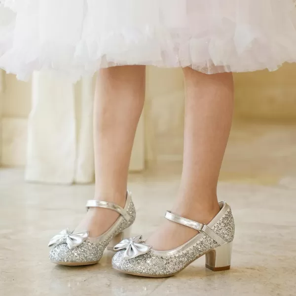 Princess Shoes High Heel Toddler Girls Dress Shoes Cute Bowknot Sparkle Mary Jane Flower Girls Wedding Birthday Party Prom for Little Big KidsSilver Sequins