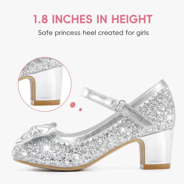 Princess Shoes High Heel Toddler Girls Dress Shoes Cute Bowknot Sparkle Mary Jane Flower Girls Wedding Birthday Party Prom for Little Big KidsSilver Sequins
