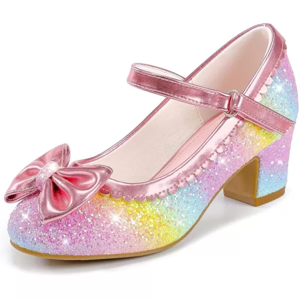 Princess Shoes High Heel Toddler Girls Dress Shoes Cute Bowknot Sparkle Mary Jane Flower Girls Wedding Birthday Party Prom for Little Big KidsRainbow Sequins