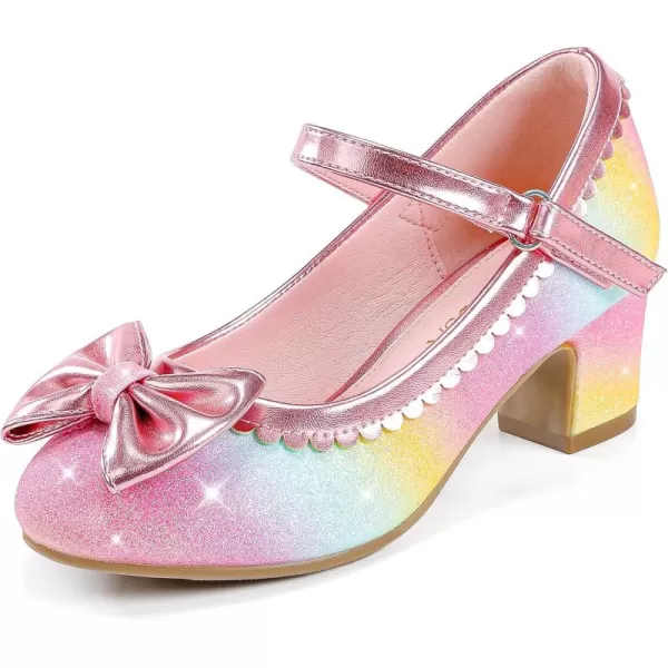 Princess Shoes High Heel Toddler Girls Dress Shoes Cute Bowknot Sparkle Mary Jane Flower Girls Wedding Birthday Party Prom for Little Big KidsRainbow Shimmer