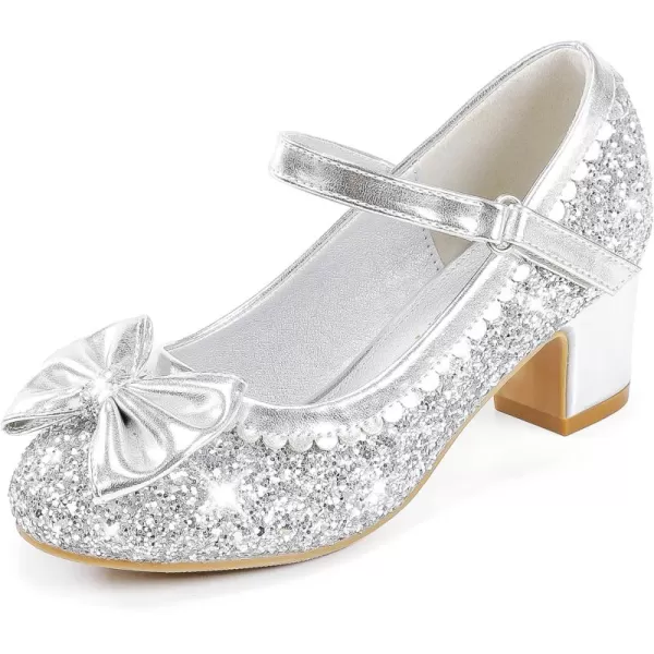 Princess Shoes High Heel Toddler Girls Dress Shoes Cute Bowknot Sparkle Mary Jane Flower Girls Wedding Birthday Party Prom for Little Big KidsSilver Sequins