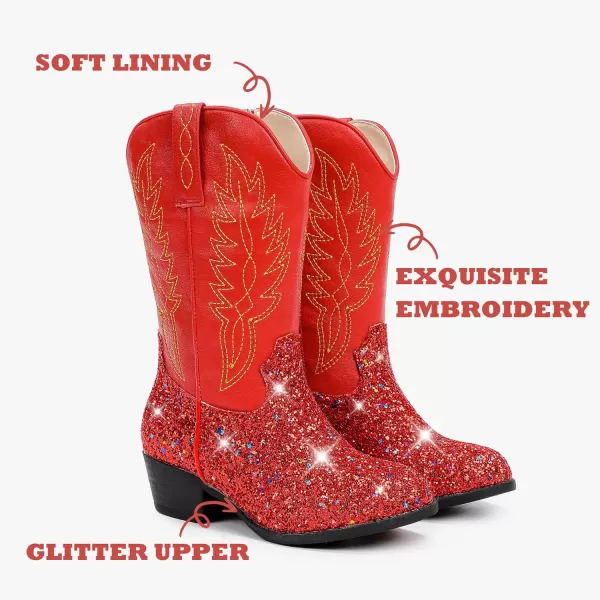 Cowgirl Boots for Little Girls Mid Calf Pointed Toe Kid Cowboy Boots Side Zipper Classic Embroidered Western Boots Horse Riding Shoes Party for Toddler Little Big KidsRed Sequins