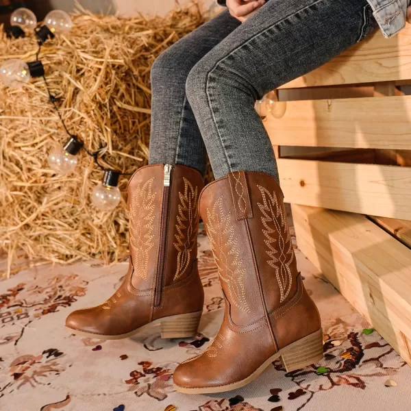 Cowgirl Boots for Little Girls Mid Calf Pointed Toe Kid Cowboy Boots Side Zipper Classic Embroidered Western Boots Horse Riding Shoes Party for Toddler Little Big KidsBrown Pu