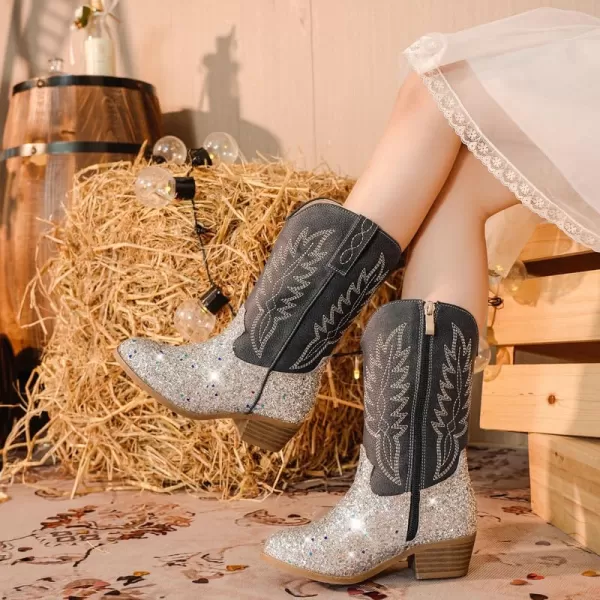 Cowgirl Boots for Little Girls Mid Calf Pointed Toe Kid Cowboy Boots Side Zipper Classic Embroidered Western Boots Horse Riding Shoes Party for Toddler Little Big KidsSilver Sequins