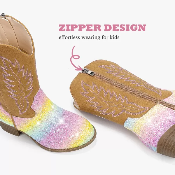 Cowgirl Boots for Little Girls Mid Calf Pointed Toe Kid Cowboy Boots Side Zipper Classic Embroidered Western Boots Horse Riding Shoes Party for Toddler Little Big KidsRainbow Sequins