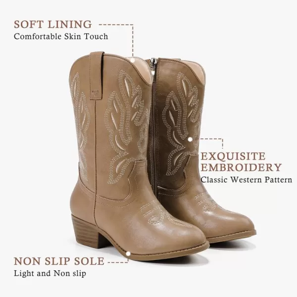 Cowgirl Boots for Little Girls Mid Calf Pointed Toe Kid Cowboy Boots Side Zipper Classic Embroidered Western Boots Horse Riding Shoes Party for Toddler Little Big KidsKhaki