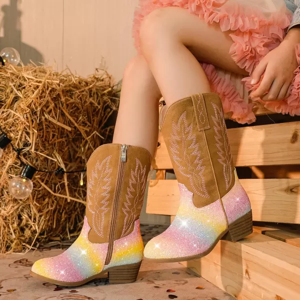 Cowgirl Boots for Little Girls Mid Calf Pointed Toe Kid Cowboy Boots Side Zipper Classic Embroidered Western Boots Horse Riding Shoes Party for Toddler Little Big KidsRainbow Sequins