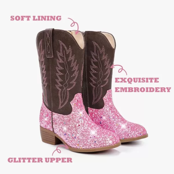 Cowgirl Boots for Little Girls Mid Calf Pointed Toe Kid Cowboy Boots Side Zipper Classic Embroidered Western Boots Horse Riding Shoes Party for Toddler Little Big KidsPink Sequins