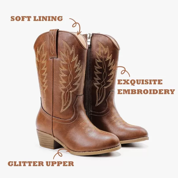 Cowgirl Boots for Little Girls Mid Calf Pointed Toe Kid Cowboy Boots Side Zipper Classic Embroidered Western Boots Horse Riding Shoes Party for Toddler Little Big KidsBrown Pu