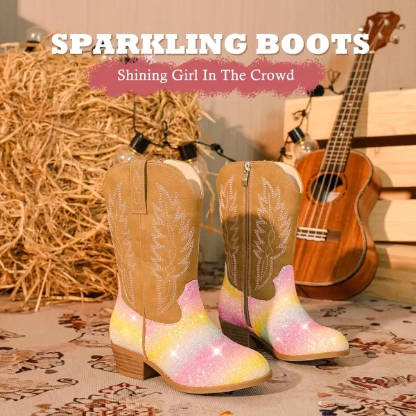 Cowgirl Boots for Little Girls Mid Calf Pointed Toe Kid Cowboy Boots Side Zipper Classic Embroidered Western Boots Horse Riding Shoes Party for Toddler Little Big KidsRainbow Sequins
