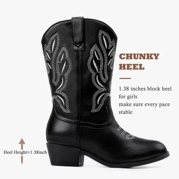 Cowgirl Boots for Little Girls Mid Calf Pointed Toe Kid Cowboy Boots Side Zipper Classic Embroidered Western Boots Horse Riding Shoes Party for Toddler Little Big KidsBlack