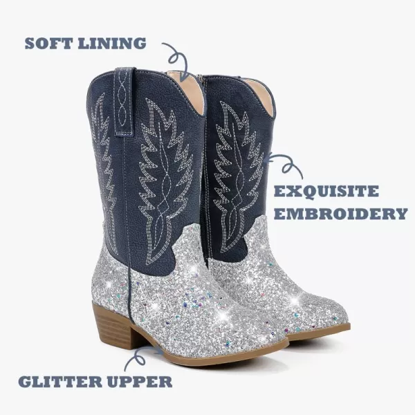Cowgirl Boots for Little Girls Mid Calf Pointed Toe Kid Cowboy Boots Side Zipper Classic Embroidered Western Boots Horse Riding Shoes Party for Toddler Little Big KidsSilver Sequins