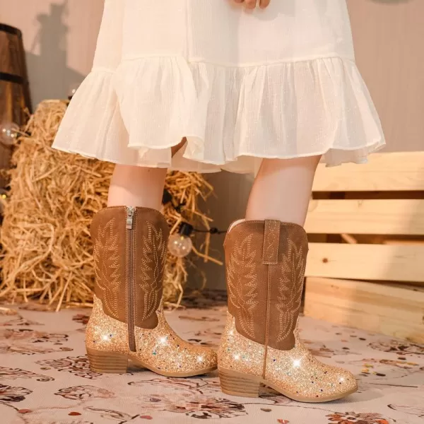 Cowgirl Boots for Little Girls Mid Calf Pointed Toe Kid Cowboy Boots Side Zipper Classic Embroidered Western Boots Horse Riding Shoes Party for Toddler Little Big KidsGold Sequins